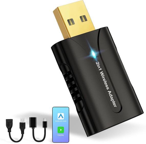 Автомобільний бездротовий адаптер DYUZO 2-в-1 для CarPlay і Android Auto, з позолоченим мідним інтерфейсом, USB-A/USB-C