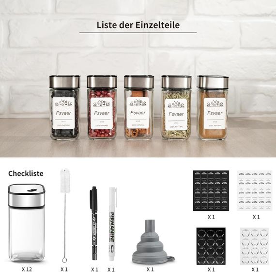 Набір з 12 баночок для спецій Fsvaer, скло та нержавіюча сталь, 120 мл, з кришкою на 3 режими, воронкою, наліпками та маркером | Зображення 2