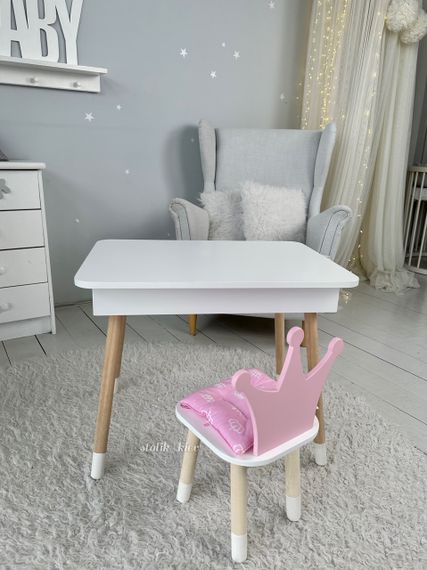 Дитячий столик білий і стільчик корона рожева. Столик із нішею для олівців і розмальовок | Зображення 6