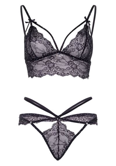 Еротичний комплект зі стрепами та стразами Leg Avenue Ready Or Not L Black, бра + стрінги | Зображення 4