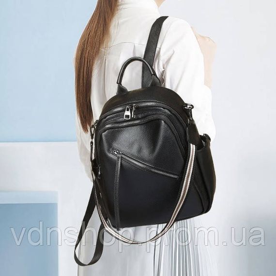 Стильна жіноча сумка міська на плечі 35х27х14, рюкзак з натуральної шкіри, чорний | Зображення 1