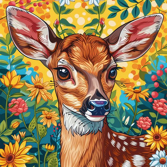 Алмазная мозаика "Олененок в цветах" BH034 неполная выкладка 25х25 см | Зображення 1