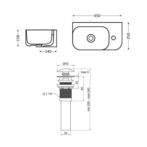Комплект Qtap Tern: Раковина підвісна прямокутна права 450х250х158 мм White + Донний клапан PU02O | Зображення 1