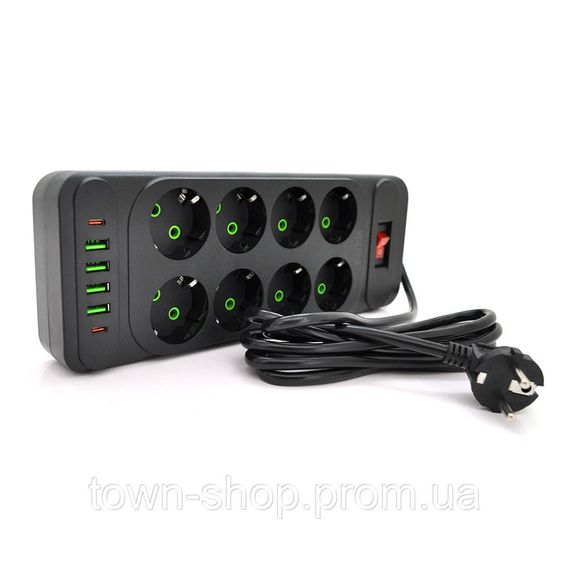 Сетевой фильтр F34U, 8 розеток EU + 4 USB + 2 PD, кнопка включения с индикатором, 2 м, 3х0,75мм, 2500W | Зображення 1