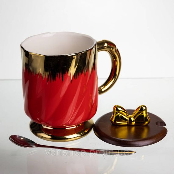 Новорічна порцелянова чашка «Золотий Вихор» 450 мл з кришкою і ложкою Yiwu FM-23C | Зображення 2
