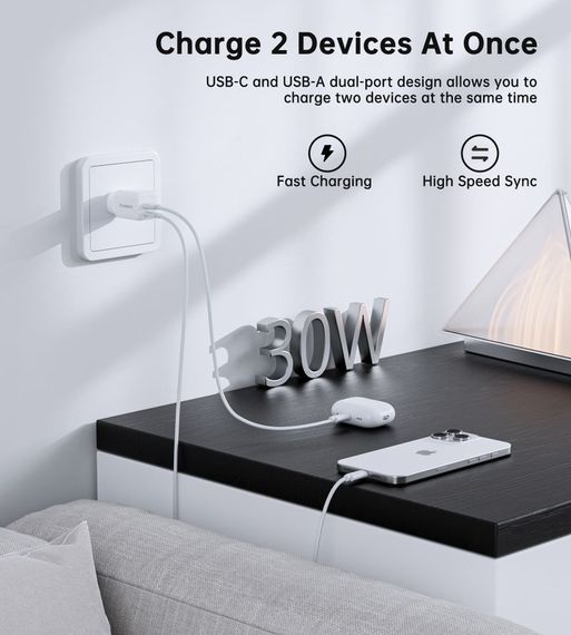 Мережевий зарядний пристрій Choetech PD5012-EU-WH, USB-A/USB-С | Зображення 7