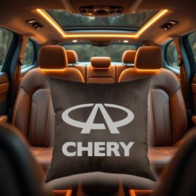 Авто Подушка c вишивкою логотипу марки Chery чері коричневий автомобілісту 02223