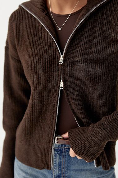 В'язаний кардиган на блискавці з високим коміром - темно-коричневий цвет, ONE SIZE (є розміри) | Зображення 3