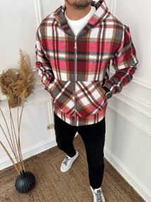 Теплая мужская байковая рубашка в клетку на молнии с капюшоном размер 48/50 цвет красный  adl100