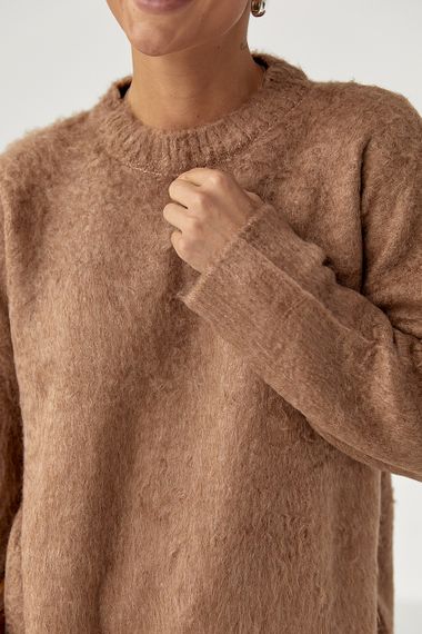 В'язаний светр із пухнастої пряжі - коричневий цвет, ONE SIZE (є розміри) | Зображення 3