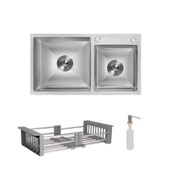 Комплект Lidz Handmade H7843 Мийка для кухні з двома чашами інтегрована Brushed у комплекті з дозатором + Lidz K01G Кошик