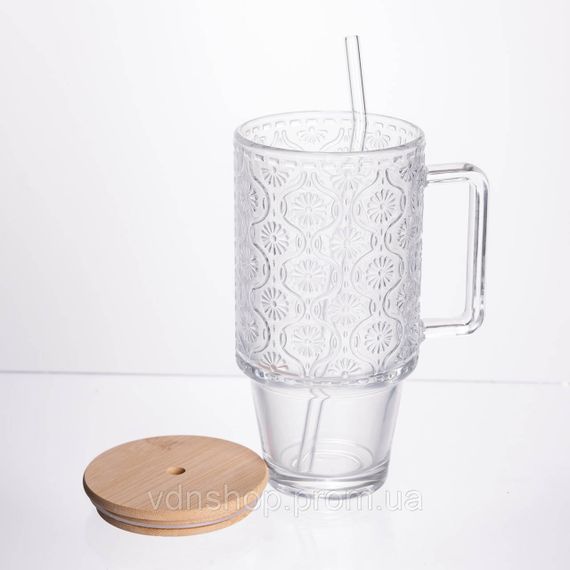 Кружка скляна з кришкою та трубочкою 750 (мл) чашка з трубочкою та кришкою на подарунок HP-19-48N | Зображення 2