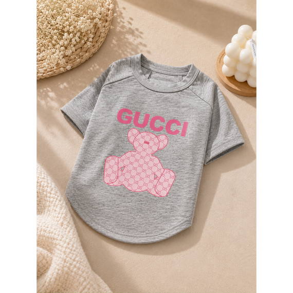 Брендовая футболка для собак Gucci с розовым мишкой, серая | Зображення 1