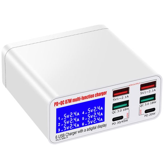 Зарядная станция с дисплеем на 6 портов Addap MCS-896P, мультизарядное устройство с 4×USB-A и 2×Type-C портами, 87W | Зображення 2