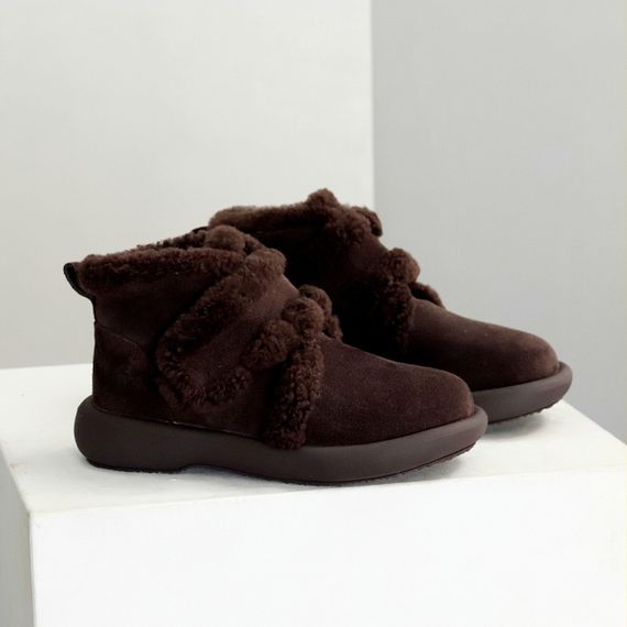 Удобные теплые замшевые зимние шоколадные ботинки на липучке | Зображення 3