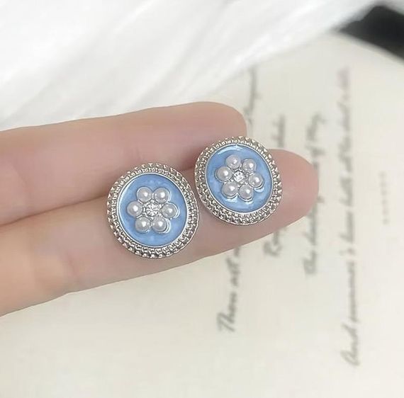Сережки з перлинками, сережки з камінцями, сережки перламутрові, сережки круглі блакитні, сережки з перламутром, сережки вінтажні | Зображення 3