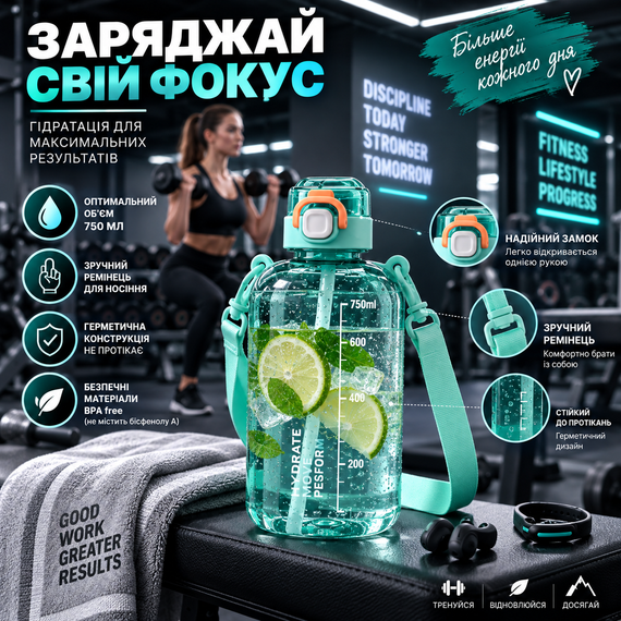 Спортивна пляшка для води SPORT 750 мл з ремінцем — багаторазова BPA-free пластикова пляшка з герметичною кришкою, бірюзова | Зображення 8