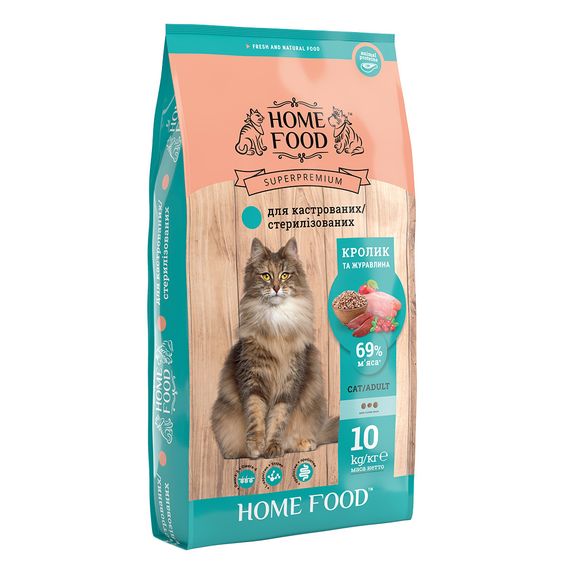 Сухой корм Home Food для взрослых кошек Кролик и клюква для кастрированных 10кг
