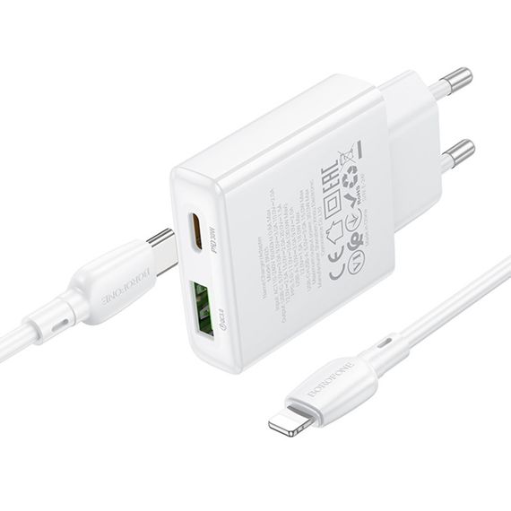МЗП Borofone BN25 Wish PD30W+QC3.0 (1USB-A/1C) + кабель Type-C to Lightning White | Зображення 4