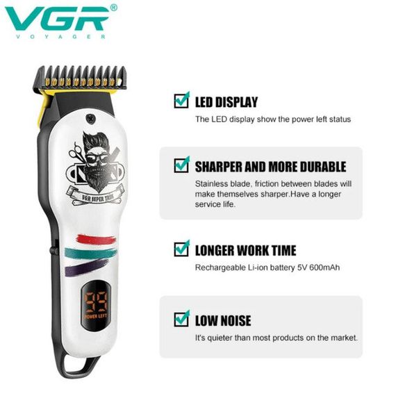 Машинка для стрижки волосся та бороди професійна VGR V-699 B з насадками та LED дисплеєм. IA-938 Колір: білий | Зображення 7
