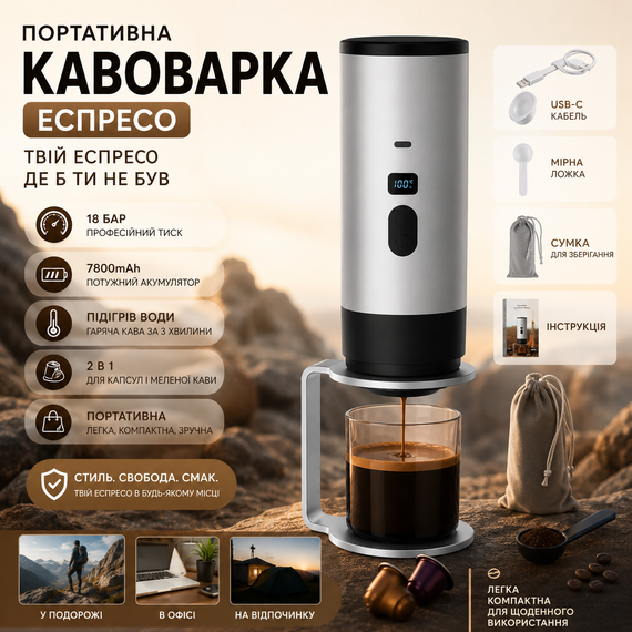 Портативная кофеварка эспрессо с подогревом воды 18 бар аккумуляторная 7800mAh для капсул и молотого кофе Серая | Зображення 3