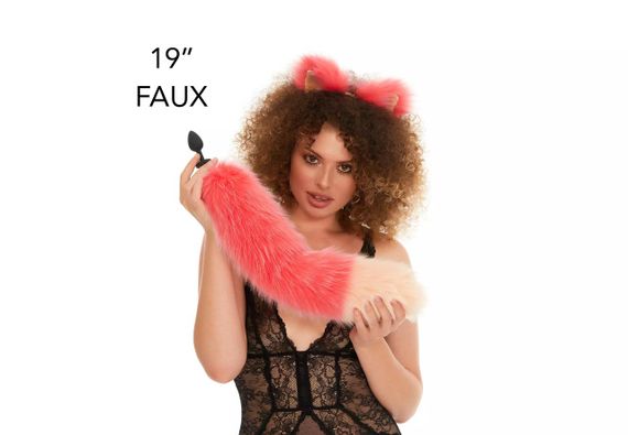 Анальний хутряний хвіст без пробки, Яскраво-рожевий з персиковим кінчиком, OKOVA, 50 см. Sex Aura