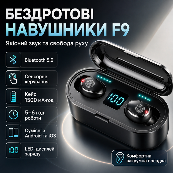 Беспроводные Bluetooth наушники F9, Черные / Сенсорные наушники с зарядным кейсом / Вакуумные блютуз наушники
