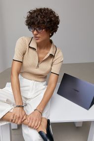 В'язане поло в рубчик із контрастною окантовкою - бежевий цвет, ONE SIZE (є розміри)