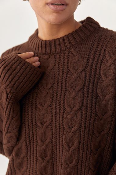 В'язана жіноча кофта в косички - коричневий цвет, ONE SIZE (є розміри) | Зображення 3