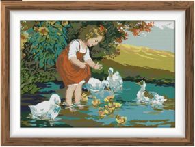 Набір для вишивання за нанесеною на канву схемою "The little girl and ducks in pool" AIDA14CT printed 67*52 см