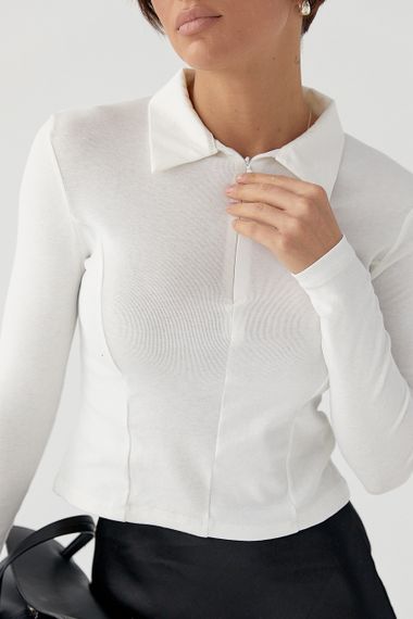 Укорочений лонг-поло із блискавкою на горловині - білий цвет, S (є розміри) | Зображення 3