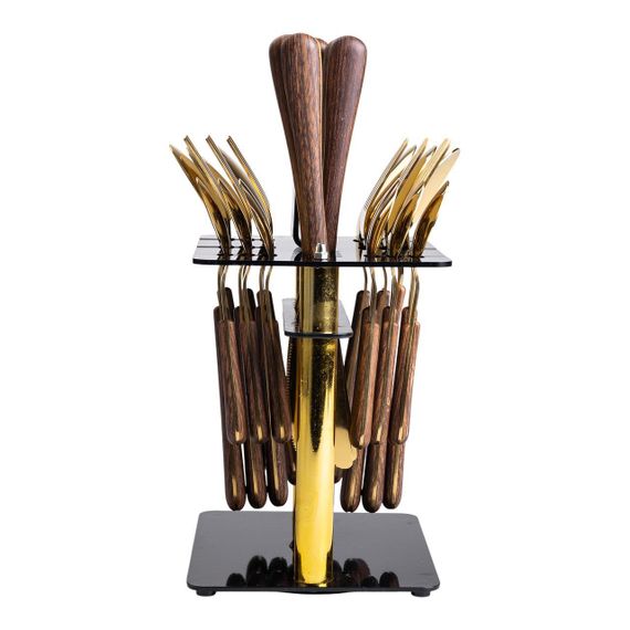 Набор столовых приборов на 6 персон с деревянными ручками на подставке столовые приборы 24 шт Золото HP-20-2 | Зображення 4