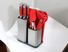 Набір ножів та кухонне начиння лопатки для кухні 17 в 1 дошка для нарізки на потрійній підставці, ножиці з напилком для