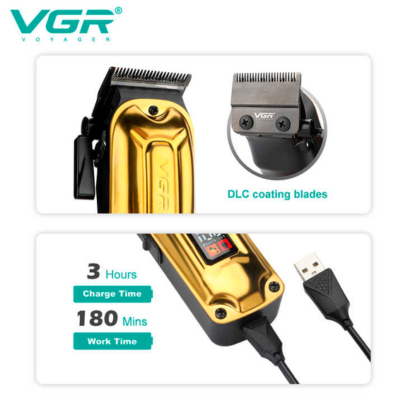 Акумуляторна машинка для стрижки VGR V-138 GOLD, 4 насадки, 7000 RPM, 2500 mAh, LED дисплей | Зображення 1