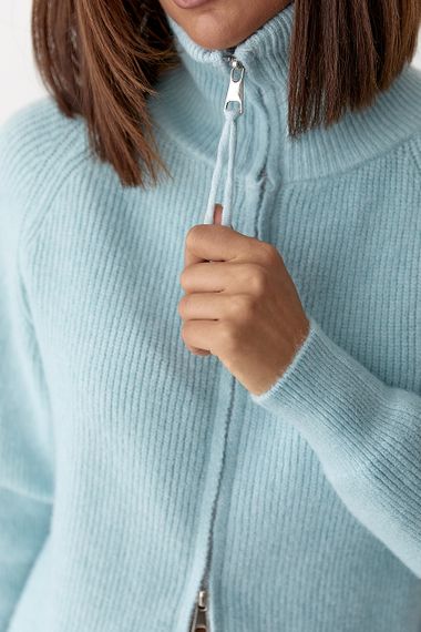 В'язаний кардиган із коміром на блискавці - блакитний цвет, ONE SIZE (є розміри) | Зображення 3