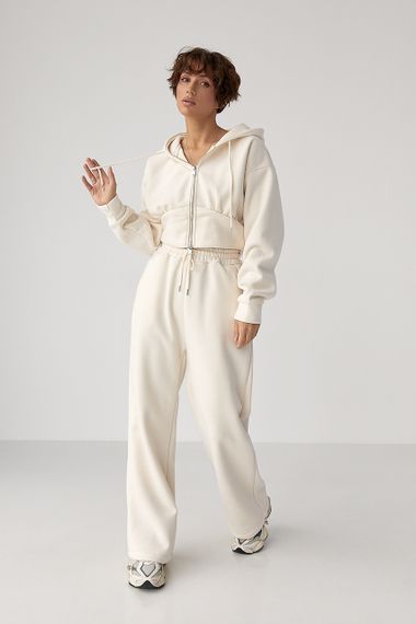 Теплий спортивний костюм з коротким худі та широкими штанами - бежевий цвет, L (є розміри)