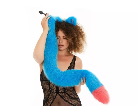 Анальний хутряний хвіст без пробки, Яскраво-блакитний з яскраво-рожевим кінчиком, OKOVA 100 см. sexstyle | Зображення 2