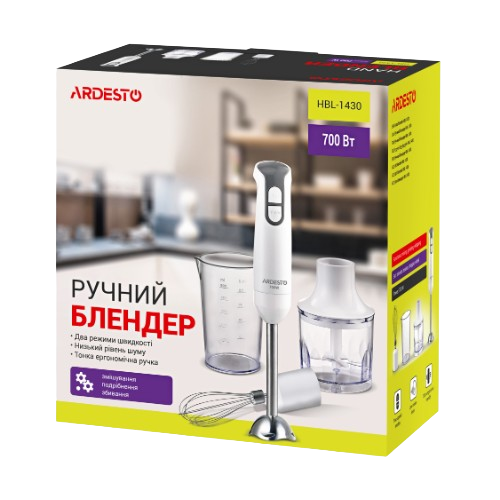 Блендер погружний 700W + подрібнювач 0.3л + вінчик + чаша 600мл білий HBL-1430 Ardesto | Зображення 1