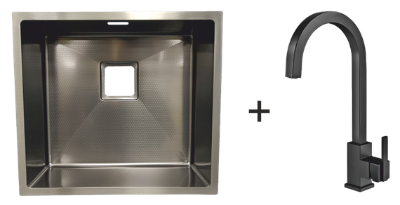 Мийка Quadro 49 Celldecor Nano Graphite + Змішувач FKM 71 Black Steel 8213.401.0046