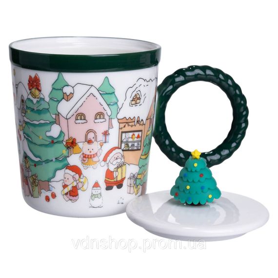 Чашка фарфоровая с крышкой Елка 400 (мл) Зеленый Yiwu FM-CS-36B | Зображення 1