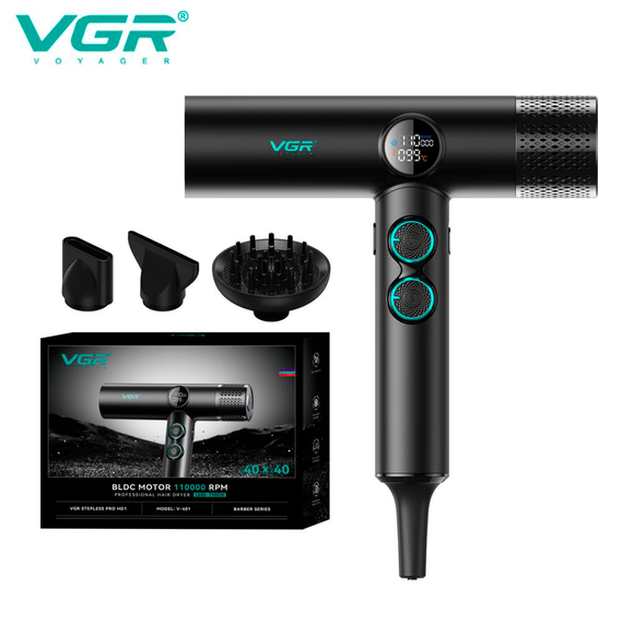 Фен профессиональный VGR V-401 BLACK, 40 уровней обдува, 40 уровней температуры, 3 насадки | Зображення 1
