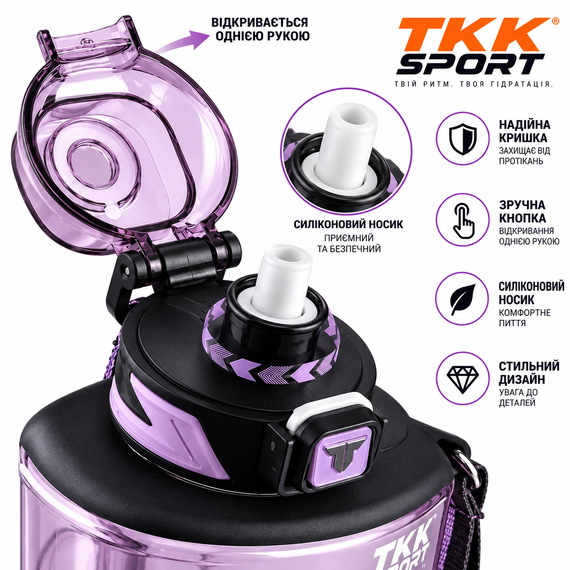 Спортивна пляшка TKK SPORT 2100 мл з ручкою та трубочкою — прозора фіолетова пляшка для води з Tritan, BPA Free, ударостійка | Зображення 7