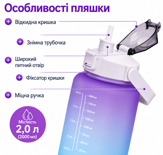 Спортивная бутылка для воды XL (2000 мл) - Фиолетовый матовый градиент | Зображення 1