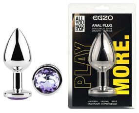 Анальная пробка EGZO Silver Round Plug S из нержавеющей стали, с аметистовым кристаллом, 70 мм Sex Aura