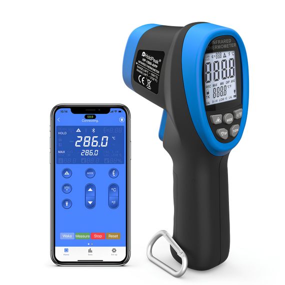 Пирометр HoldPeak HP-1500-APP инфракрасный бесконтактный термометр цифровой (-50°C~1500°C 0.1-0.99 EMS 30:1 250ms Bluetooth) | Зображення 2