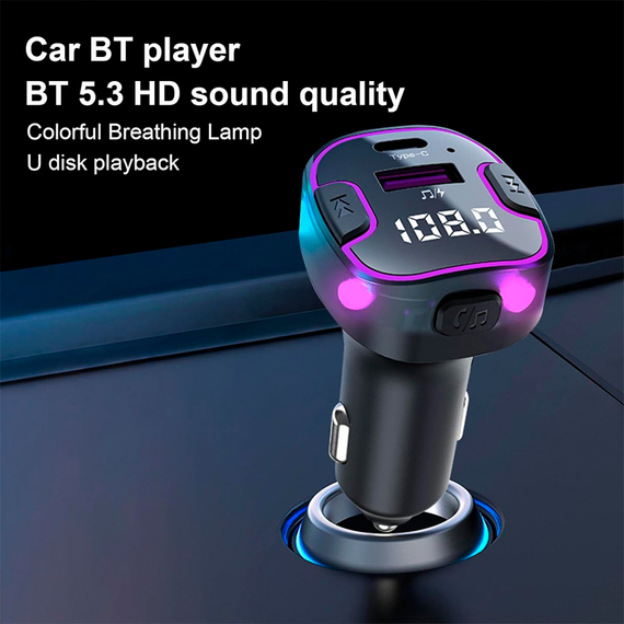 Автомобильный FM ФМ модулятор Terra С49, Bluetooth 5.0, трансмиттер, вольтметр, USB 3.1А, Type C | Зображення 1