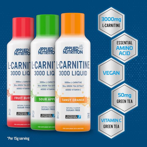 L-карнитин Applied Nutrition L Carnitine 3000 Liquid  (480ml - 32 Servings) (Sour Apple) | Зображення 2