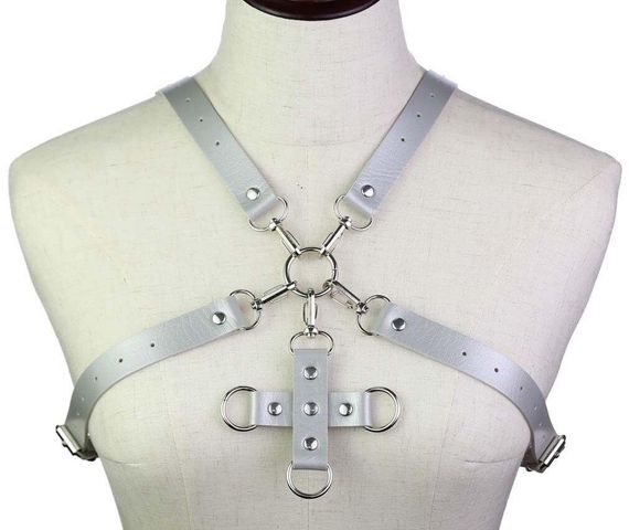 Портупея зі штучної шкіри з фіксатором Women's PU Leather Chest Harness Caged Bra GREY Sex Aura