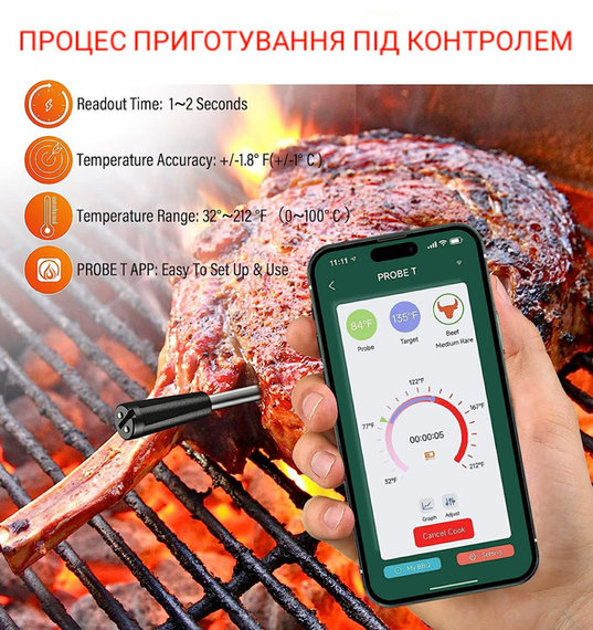 Цифровий Bluetooth термометр з керуванням через телефон, для м'яса, гриля та духовки | Зображення 3