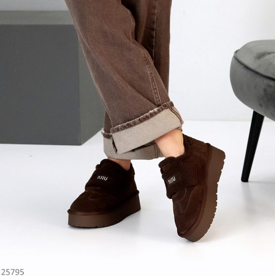 Молодежные шоколадные угги автоледи натуралки с мехом тедди на липучке | Зображення 7